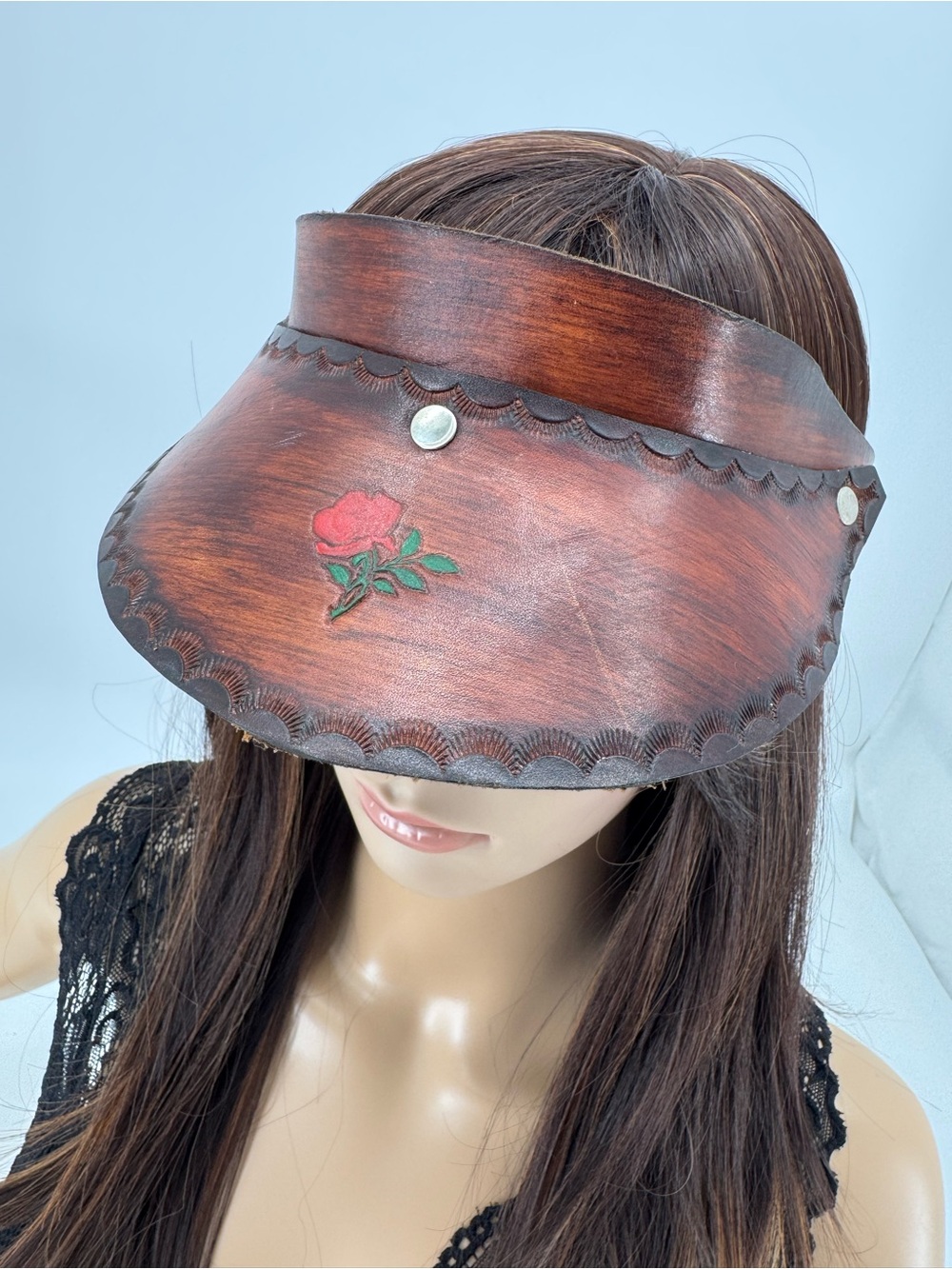 Vintage 70s Boho Hippie Groovy Western Tooled Leather Floral Sun Gambler Visor - Picture 2 of 15